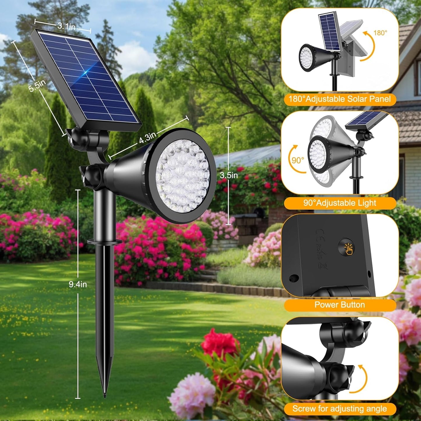 Solar Lights Outdoor Waterproof, 36 LEDs 1000LM Adjustable Solar Spot Lights Outdoor, 2-in-1 Solar Powered Spotlight Landscape Lighting for Garden, Yard, Pathway- 1 Pack (Cool White)