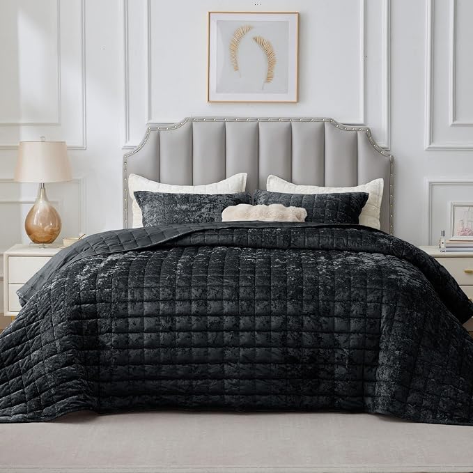 BEDELITE Velvet Quilt Set Queen Size - Luxury Soft Velvet Comforter Bedding Set for All Season, Lightweight Quilted Box Stitch Oversized Bedspread Coverlet with 2 Matching Shams, Shiny Black