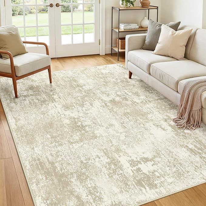 RELEANY Washable Area Rugs 8'x10' Non-Slip Modern Abstract Soft for Living Room Entryway Bedroom Nursery, Print Pattern, Beige Cream Brown
