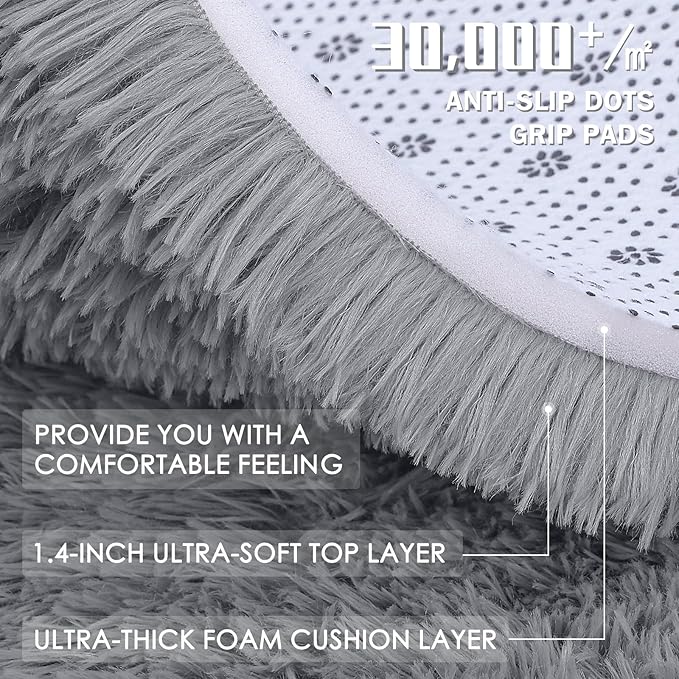 OLANLY 2x2 Machine Washable Small Rug, Soft Fluffy Shaggy Throw Rug for Bedroom, Entryway, Indoor Floor Carpet for Kids, Nursery, Home Decor, Light Grey