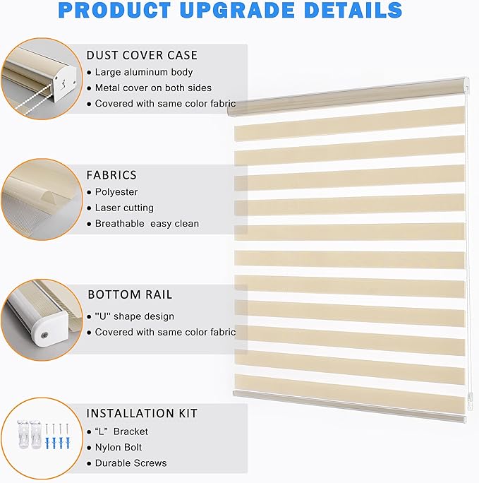 Zebra Blinds for Windows, Free-Stop Zebra Shades, Dual Layer Light Filtering Sheer Blinds for Indoor Windows, Roller Window Shades for Privacy (32" W X 72" H, Cream)