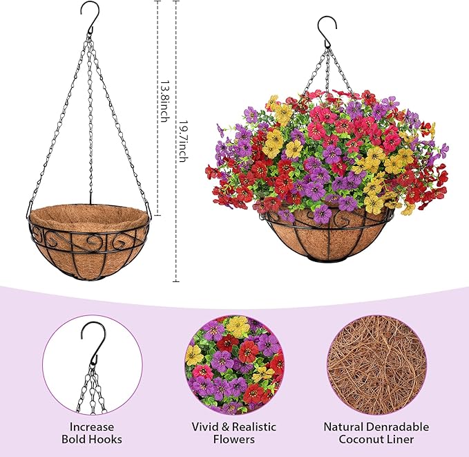Artificial Fake Hanging Flowers Plants Basket Outdoors, Faux Silk UV Resistant Look Real Daisy Eucalyptus for Spring Summer Garden Porch Home Patio Balcony Yard Decorations, Multicolor
