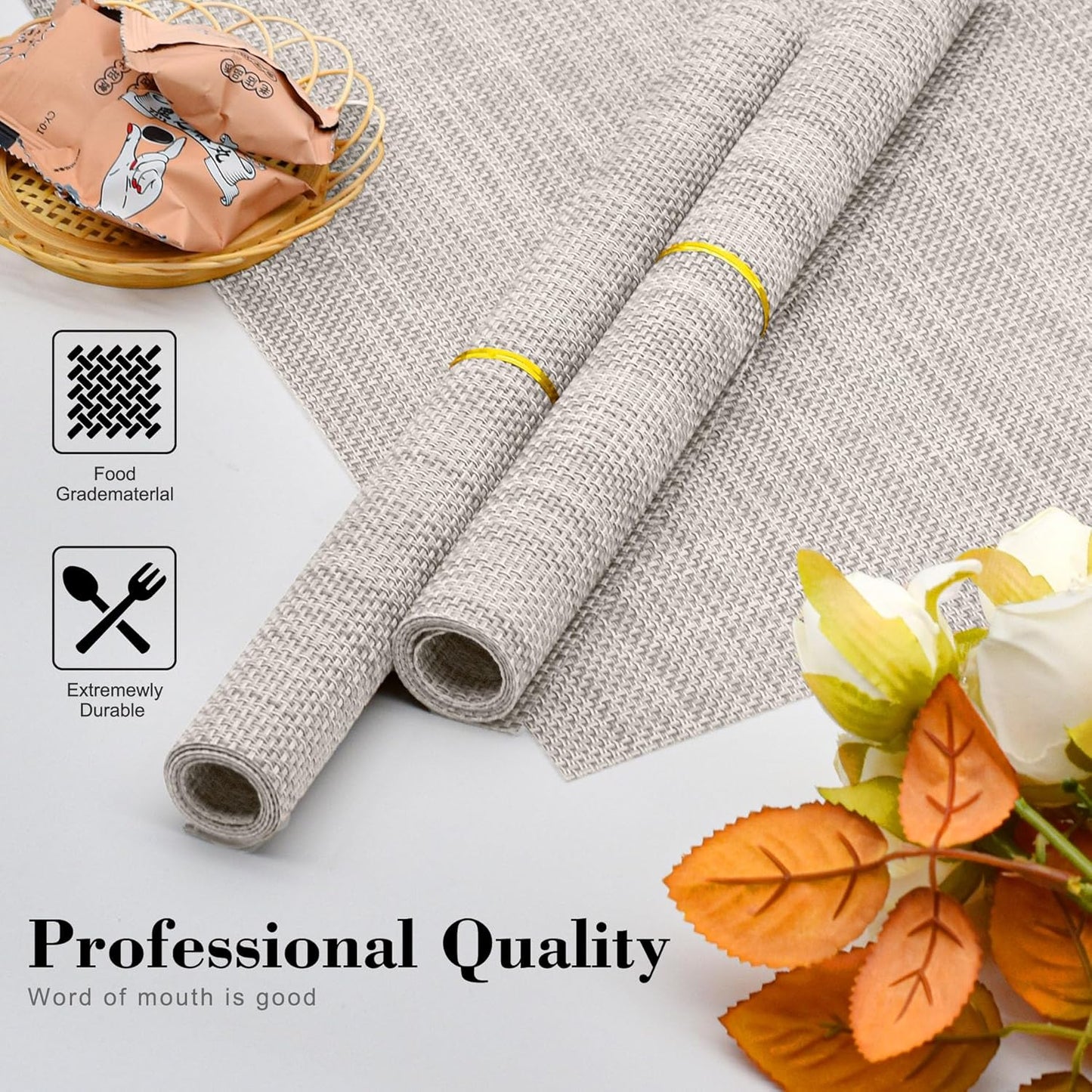 CADONO Placemats Set of 4 Washable Indoor/Outdoor Vinyl Place Mats for Dining Table Durable Non-Slip Heat Resistant PVC Weave Table Mats（Gold Cube）