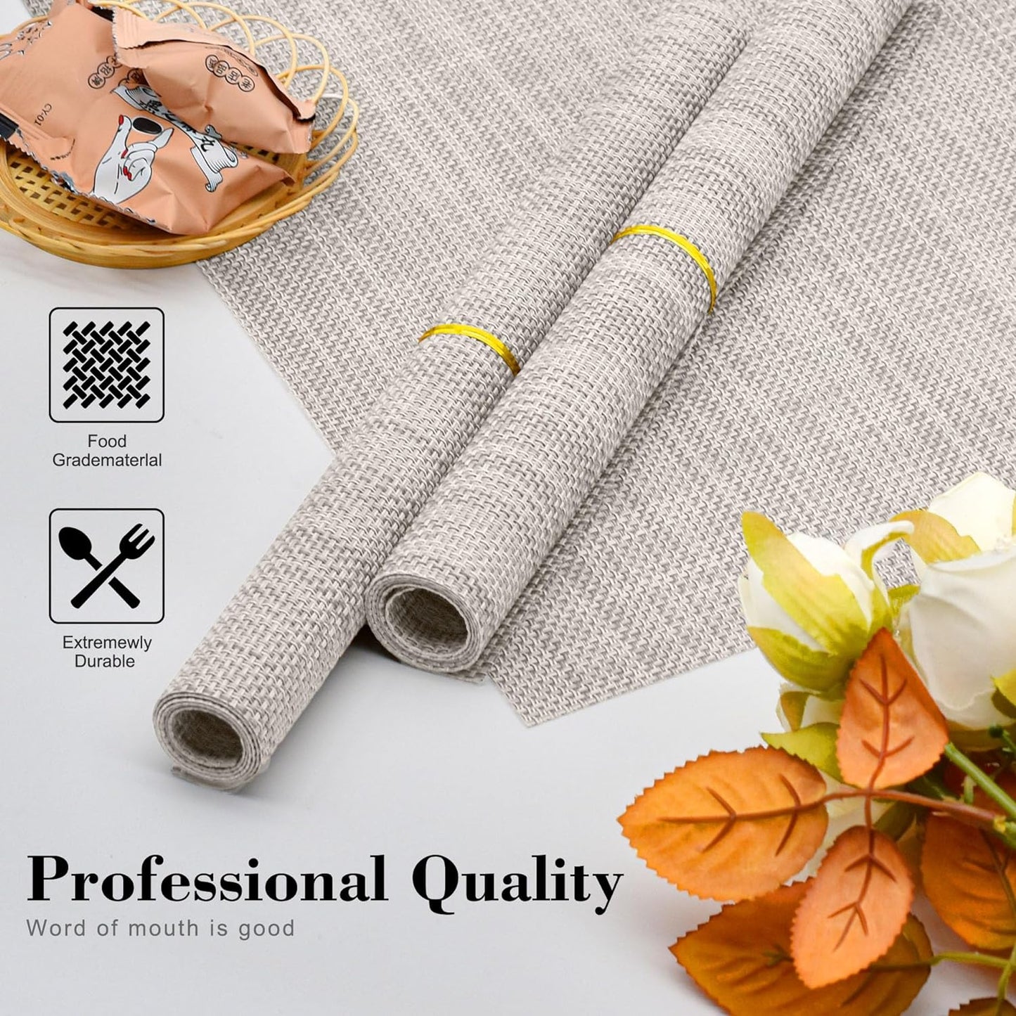 CADONO Placemats Set of 4 Washable Indoor/Outdoor Vinyl Place Mats for Dining Table Durable Non-Slip Heat Resistant PVC Weave Table Mats（Beige）