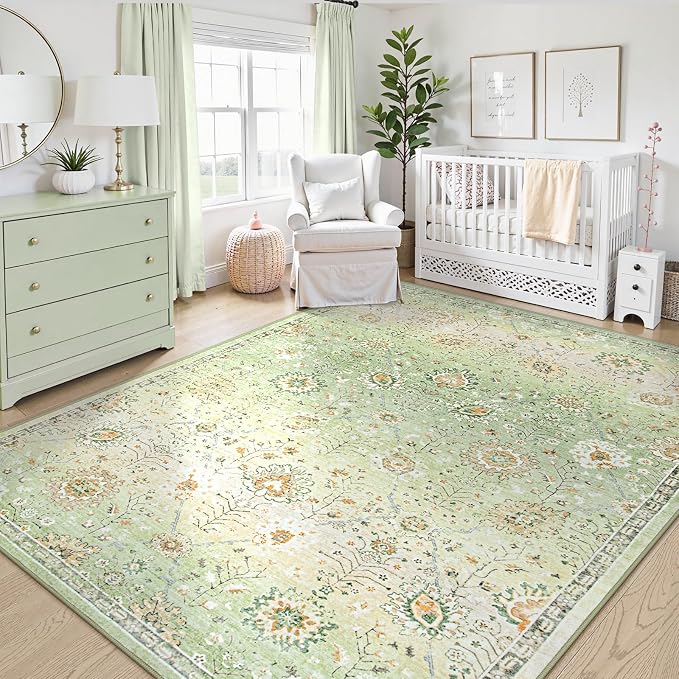 Lahome Flavie Sage Green Area Rug 8x10 for Living Room Bedroom, Soft Boho Floral Machine Washable Rugs, Non Slip Indoor Carpet for Nursery Playroom Indoor Home Decor
