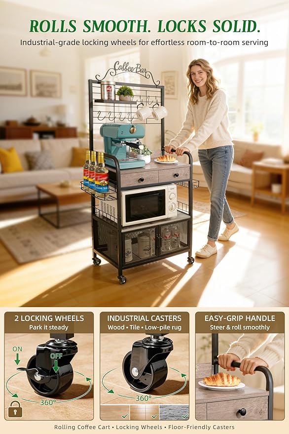 Coffee Bar Cabinet with Storage, Coffee Cart with Wheels, Coffee Station with Coffee Bar Sign and Mug Hook, Corner Coffee Bar Table with Drawer, Bakers Rack for Kitchen Dining Room Living Room Nook