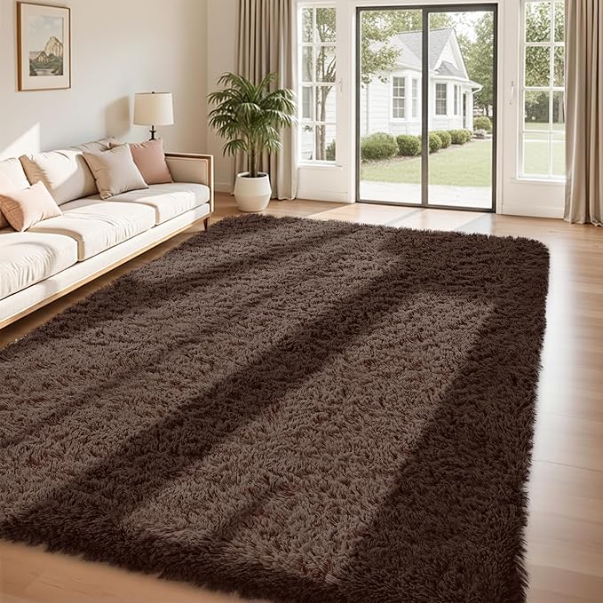 8x10 Area Rug for Living Room:Ultra Soft Fluffy Shag Brown Rugs,Large Fuzzy Plush Indoor Non Slip Carpet Washable Rug for Bedroom Kids Nursery Office Dorm Modern Decor(Brown 8'x10')