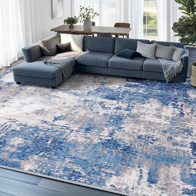 RELEANY Washable Area Rugs 5'x8' Non-Slip Modern Abstract Soft for Living Room Entryway Bedroom Nursery, Print Pattern, Blue Grey Navy Gray