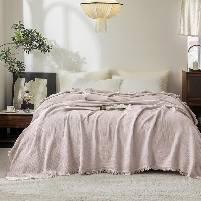 FOSSA Muslin Blanket: 4-Layer 100% Cotton Gauze Blanket with Fringe 98"x98" | Super Soft Breathable Lightweight All Season & Decorative Blanket or Bed, Sofa, Office (Greyish Pink,Oversize Queen)