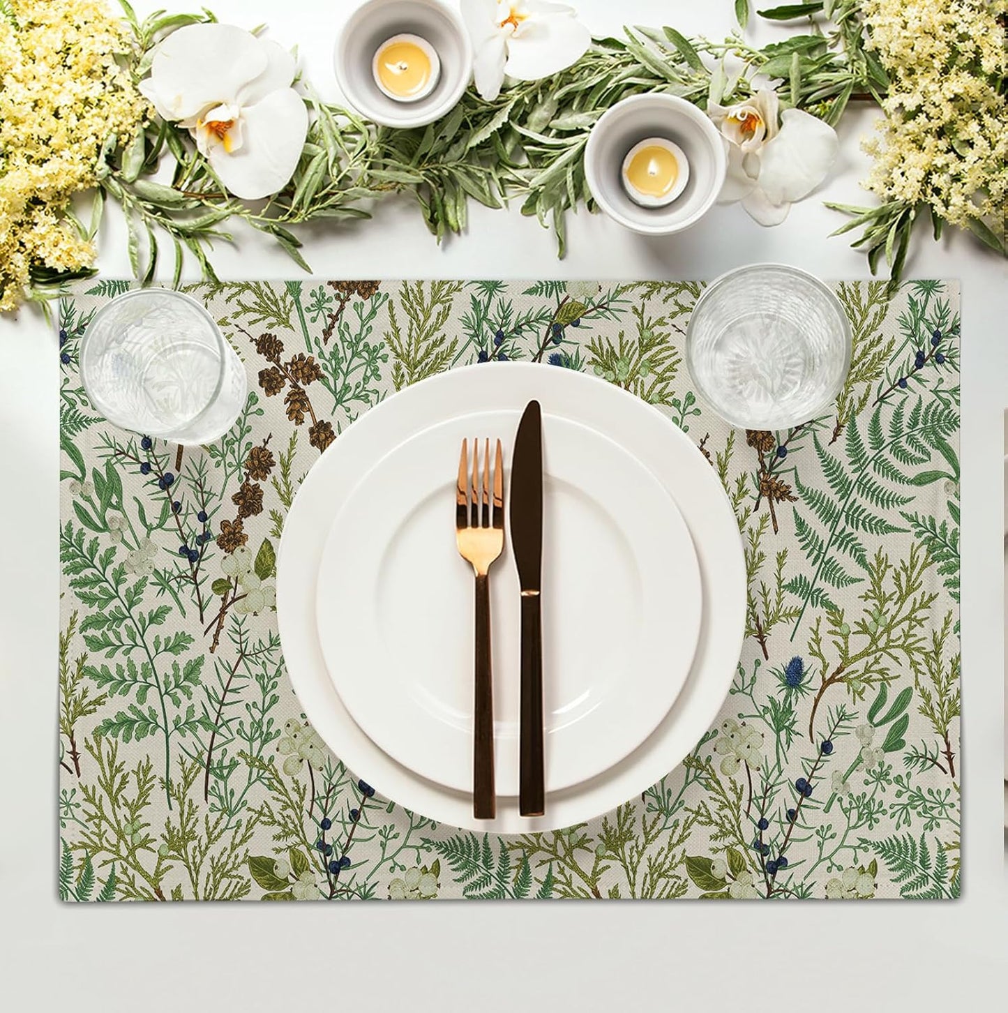 Sage Green Botanical Floral Placemats Set of 4 Vintage Tropical Herbs Fern Leaves Place Mats 12x18 Inch Seasonal Plant Spring Summer Linen Fabric Table Mats for Party Kitchen Dining Decor