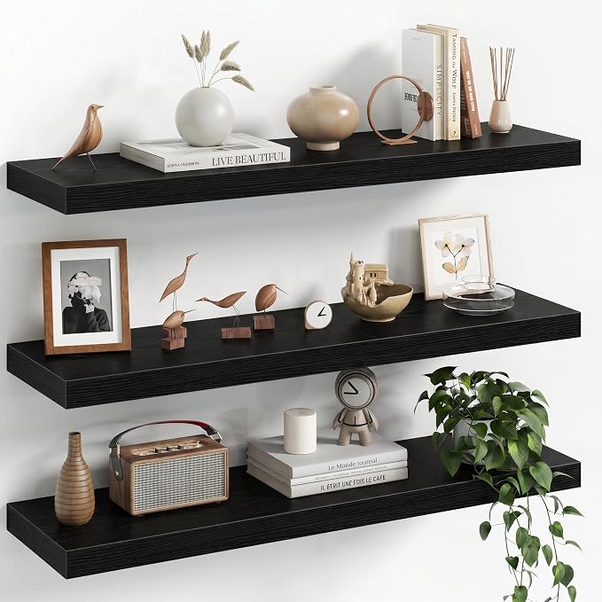 Fun Memories 30Inch Floating Shelves for Wall, 8 Inch Deep Shelves for Bathroom|Bedroom|Kitchen Wall Mounted, Wood Hanging Shelf with Invisible Brackets for Home Storage Decor, Black - 3 Pack