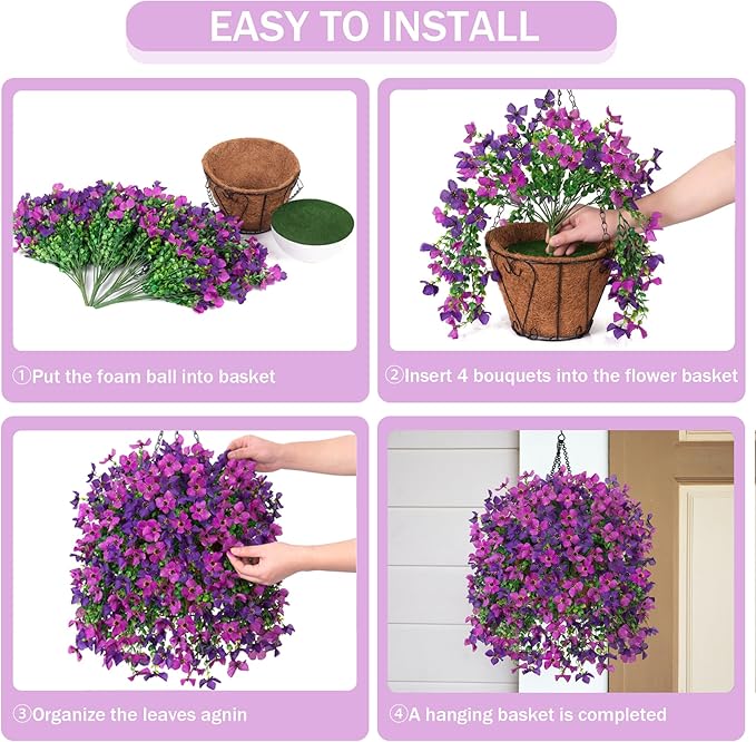 INXUGAO Artificial Hanging Flowers Plants with Basket for Outdoors, Realistic Faux Silk Daisy Flower Eucalyptus for Spring Decor, UV Resistant Fake Plants for Porch Patio Yard Balcony, Violet