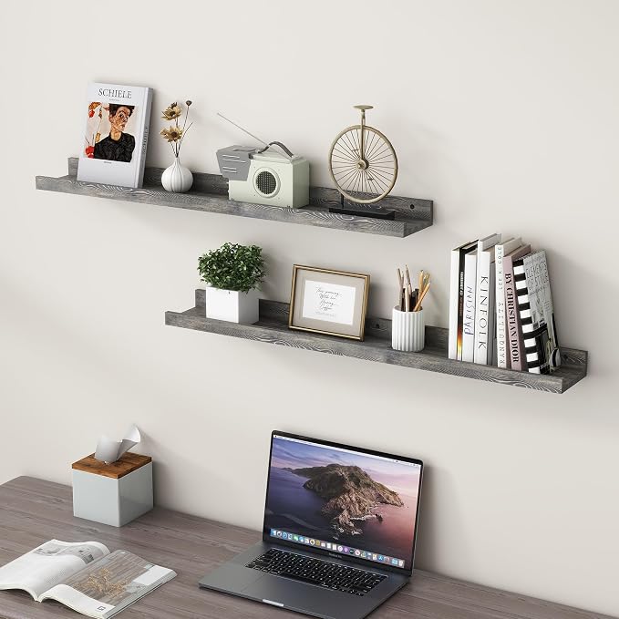 FLYJOE 36 Inches Floating Shelves for Wall, Solid Pine Wood Picture Ledge Shelves, Wall Shelves with Lips, Nursery Book Shelves for Toys Storage Living Room Bedroom Photo Frames (2 Pcs, Grey)