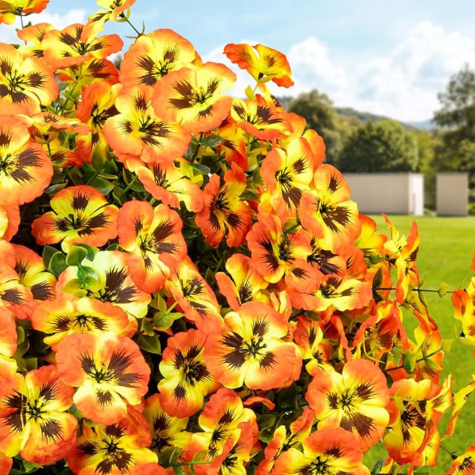 24 Pcs Artificial Fake Pansy Flowers for Outdoor,Faux Silk Plants Flowers UV Resistant Pansies Spring Flowers for Planter Front Door Porch Yard Patio garden Window Box Home Decor(Orange Yellow)