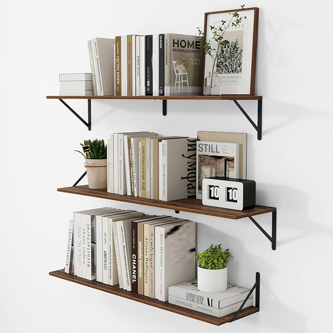Vivelove 8 Inch Deep Floating Shelves for Wall, 36W x 8D Wood Wall Shelves Set of 3, Walnut Wide Floating Bookshelf for Living Room, Kitchen, Office, Bedroom, with Black Metal Bracke - Walnut