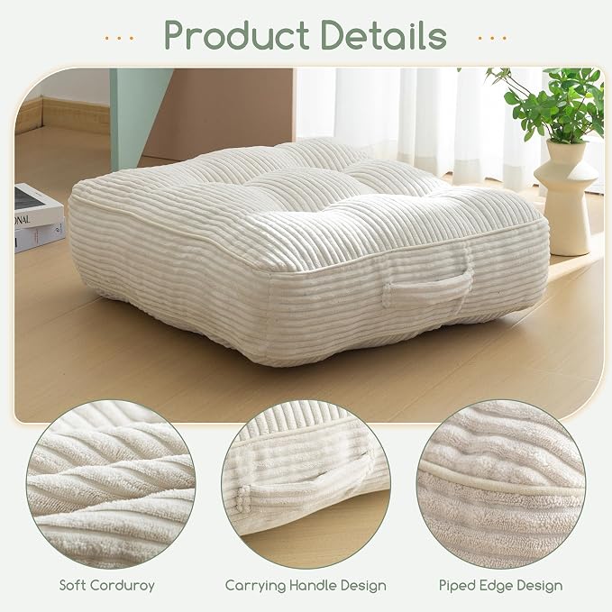 HIGOGOGO 6" Extra Thick Floor Pillow Cushion for Adults, Meditation Cushion Pillow, Large Square Floor Sitting, Tufted Corduroy Cover, for Tatami Living Room or Yoga, 22x22 Inch, 2Pack, Beige