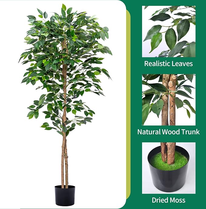 HAIHONG 2Packs 5FT Artificial Ficus Trees with Realistic Leaves and Natural Trunk, Faux Ficus Tree with Sturdy Plastic Nursery Pot, Fake Ficus Tree for Office Home Farmhouse for Indoor Outdoor Decor