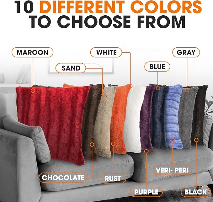 Cheer Collection Faux Fur Throw Pillows - Decorative Pillows for Couch, Bed Throw Pillows, Maroon Accent Pillows for Bedroom or Living Room Aesthetic, Set of 2 Furry Throw Pillows, 20" x 20"