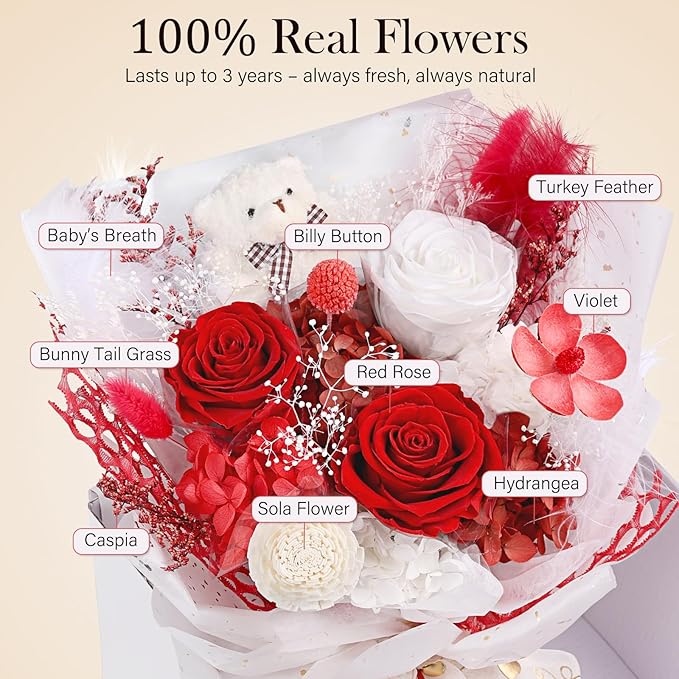 Preserved Flowers Bouquet with Bear, 3 Real Forever Flowers for Delivery, Long-Lasting Red Eteranl Roses Bouquet, Mothers Day Gifts for Mom Grandma, Anniversary Birthday Gifts for Women Girlfriend