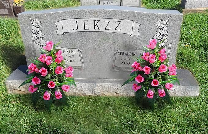 LVXINLI 2 Sets Artificial Cemetery Flowers,Outdoor Grave Decorations Roses,Beautiful Arrangements Bouquet with Cemetery Vase,Lasting and Non-Bleed Colors (Pink)
