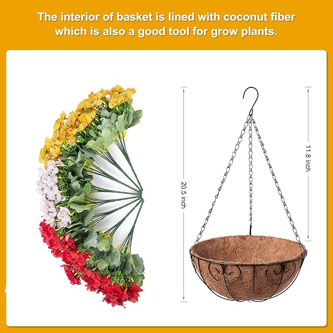 Artificial Fake Hanging Plants Flowers Basket for Spring Outdoor Decoration, Faux Silk Daisy UV Resistant Look Real with Eucalyptus Leaves Summer Decor for Home Patio Garden Outside(Red White Yellow)