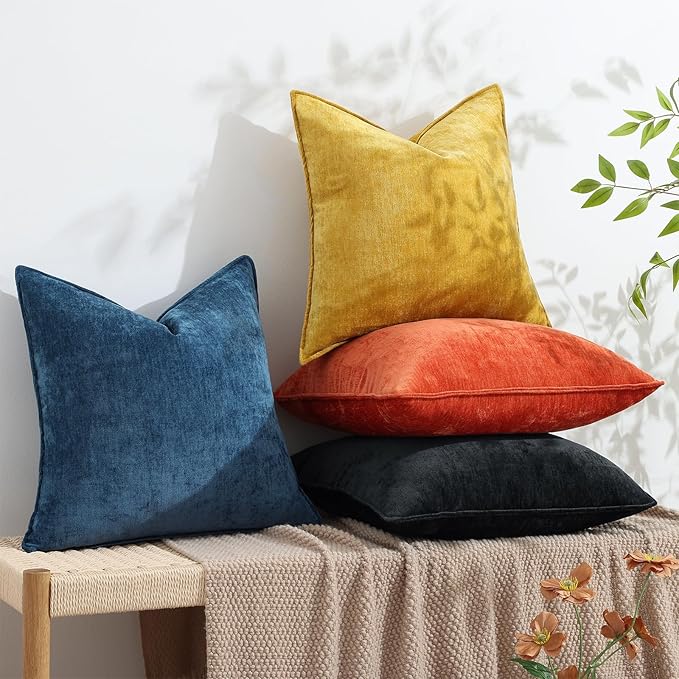 decorUhome Summer Couch Throw Pillow Covers 18x18 Set of 2, Decorative Soft Velvet Modern Cozy Chenille Pillow Cases with Elegant Design for Sofa Bed Living Room Home Decor, Black