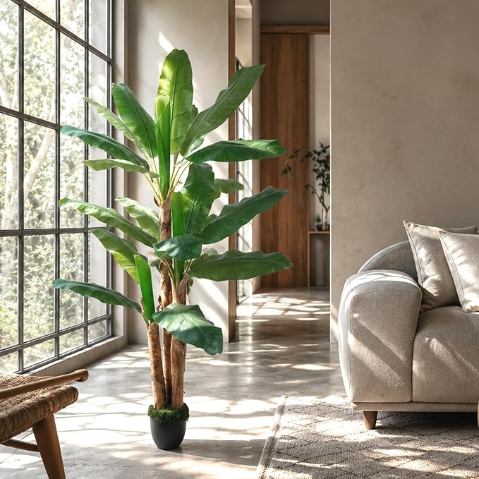 6FT Banana Tree Artificial Plant Fake Banana Leaf Plant Faux Tropical Plants Large Fake Plants Indoor in Black Pot for Living Room Bedroom Office Patio Balcony Home Decor (with Faux Moss)