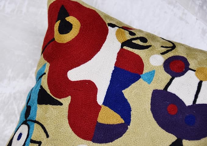 Abstract Decorative Pillow Cover Hand Embroidered Whimsical Toss Pillows Farmhouse Chair Cushion Contemporary Pillowsham Mid-Century Chair Cushions Wool Size 18x18