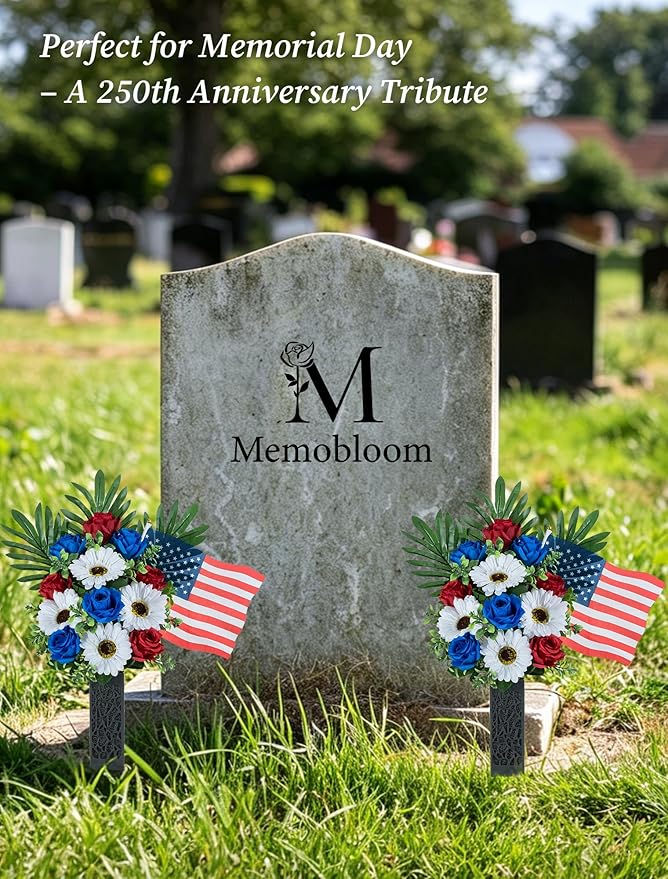 Memorial Day Flowers for Cemetery: 2 Pcs Outdoor Grave 250th Anniversary USA Decorations - Artificial Patriotic Cemetery Flowers for Grave - Red White Blue Roses with American Flags Vase