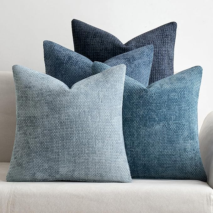 MIULEE Pack of 4 Couch Throw Pillow Covers 18x18 Inch Neutral Blue Soft Decorative Chenille Pillow Covers Farmhouse Accent Cushion Covers for Boho Western Spring Coastal Decor Sofa Bed Living Room