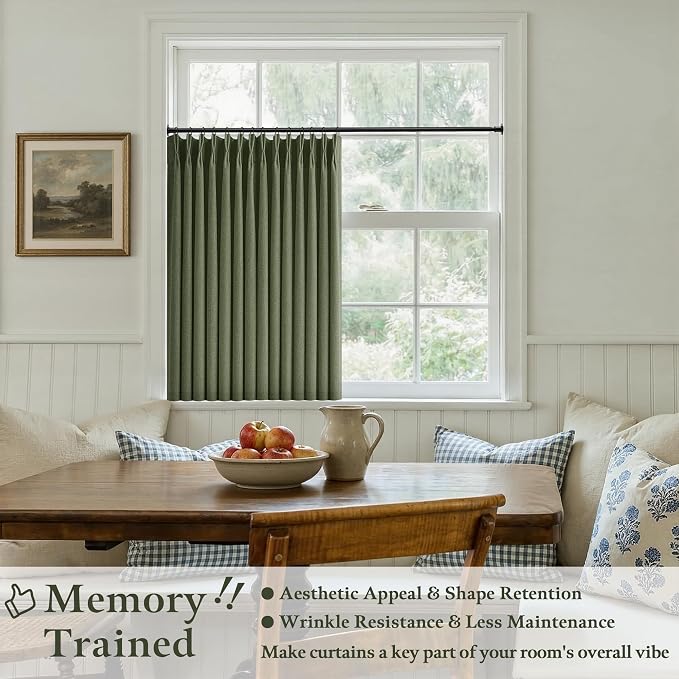 36 Inch Pleated Linen Curtains 36 Inch Length 2 Panel Set Memory Trained Pinch Pleated Privacy Semi Sheer Light Filtering Short Kitchen Window Curtain Thick Loden Olive Green Mini Cafe Small Drapes