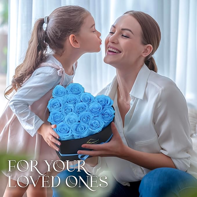 GLAMOUR BOUTIQUE 16 Flower Forever Heart Shape Box, Eternal Preserved Roses Gift for Her, Lasting Flowers, Romantic Floral Keepsake for Birthday, Anniversary or Valentine’s Day, Teal (Color-Treated)