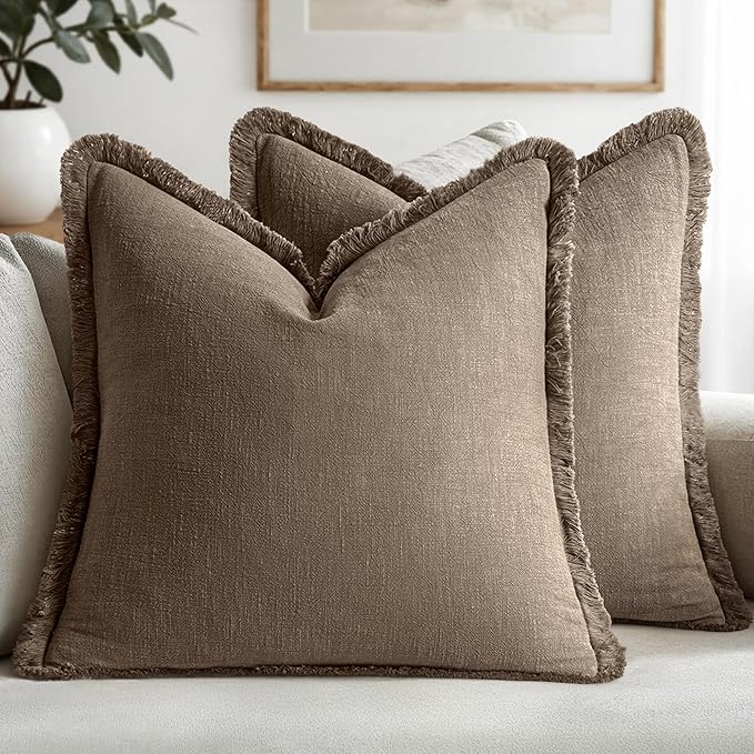 MIULEE Decorative Throw Pillow Covers Neutral Linen Fringe Throw Pillows Set of 2 Cocoa Brown Boho Farmhouse Cushion Covers for Couch Sofa Bed Living Room Spring Home Decor 22x22 Inch