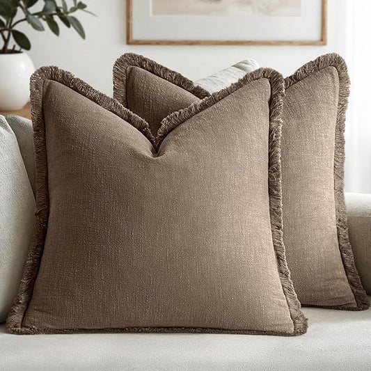 MIULEE Decorative Throw Pillow Covers Neutral Linen Fringe Throw Pillows Set of 2 Cocoa Brown Boho Farmhouse Cushion Covers for Couch Sofa Bed Living Room Spring Home Decor 22x22 Inch