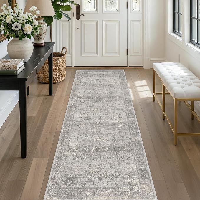 TALANOVA Washable 2'6"x8' Hallway Runner Rug, Non Slip Low Pile Floor Runner for Kitchen, Living Room & Laundry Room, Mineral-Inspired Marble Pattern Neutral Gray Décor