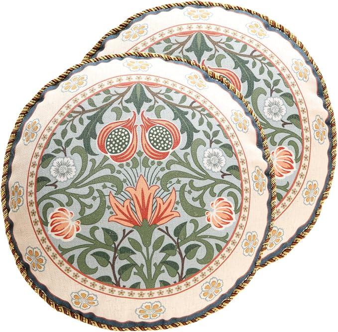 ISAENNE Vintage Linen Throw Pillow Cover,Set of 2,Diameter 16"-Naples B | Designer Elegant Round Pillow Cover,Concealed Zipper Design,Floral Pattern,Sofa,Bedroom,Living Room,Lounge Chairs