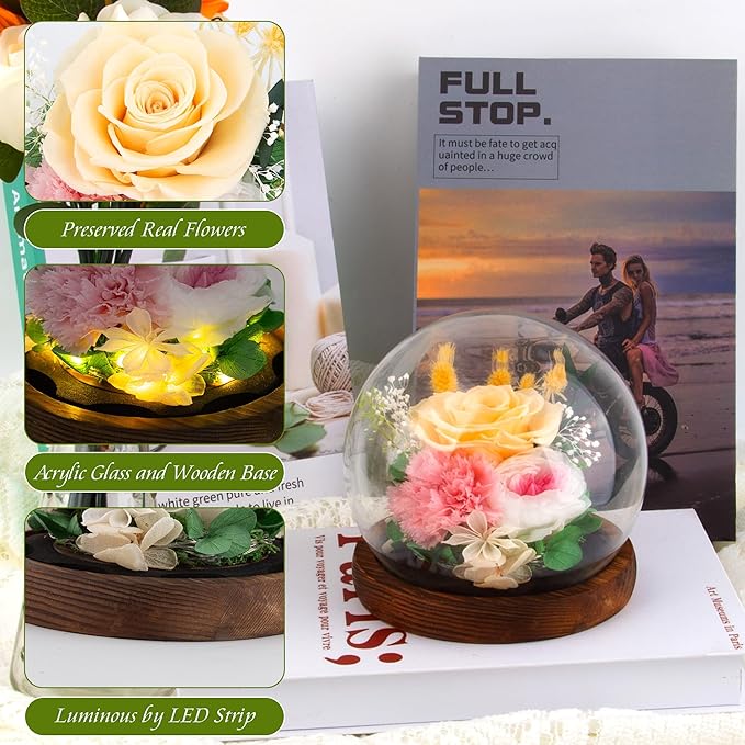 MOKOQI Yellow Rose Birthday Gifts for Women | Mothers Day Gifts for Mom Grandma - Preserved Real Rose in Glass Dome with LED Strip | Fresh Flowers for Delivery on Birthday