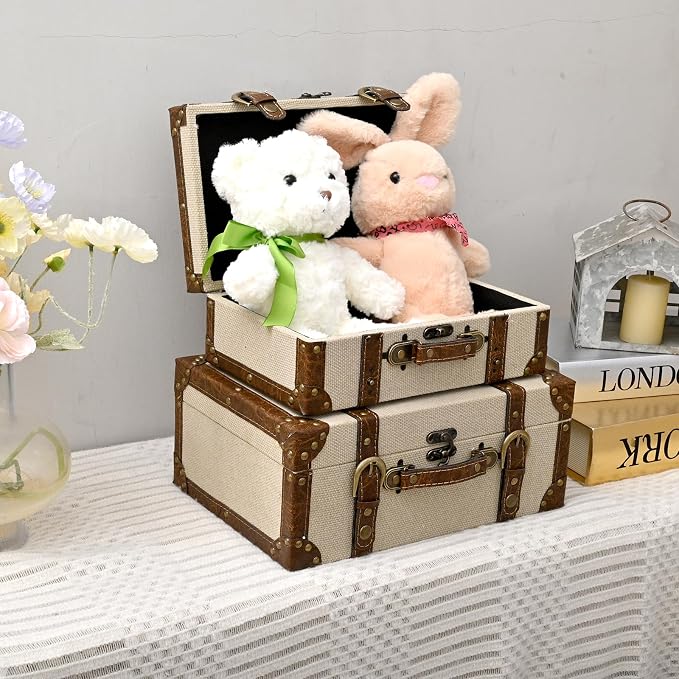DECOR4SEASON Rustic Linen Decorative Storage Trunk Set, Vintage Canvas Fabric Nested Treasure Chests with Brown PU Leather Trim and Brass Accents, Set of 2 Faux Suitcase Home Decor Boxes