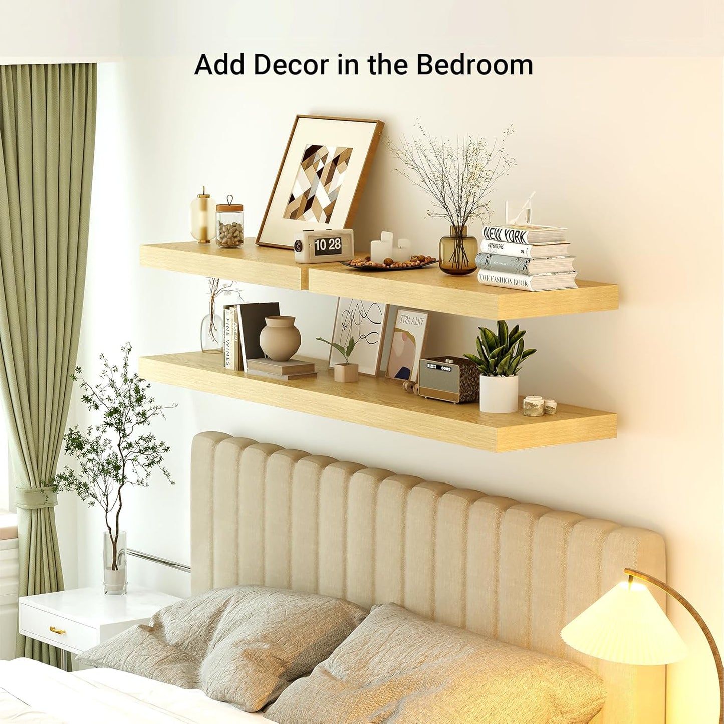 Heimlove 12" Deep Floating Shelves, 36 x 12 Inch Wall Mounted Long Floating Shelf with Invisible Brackets, for Home Decor, Bedroom, Kitchen, Living Room, Bathroom - 1 Pack, Oak