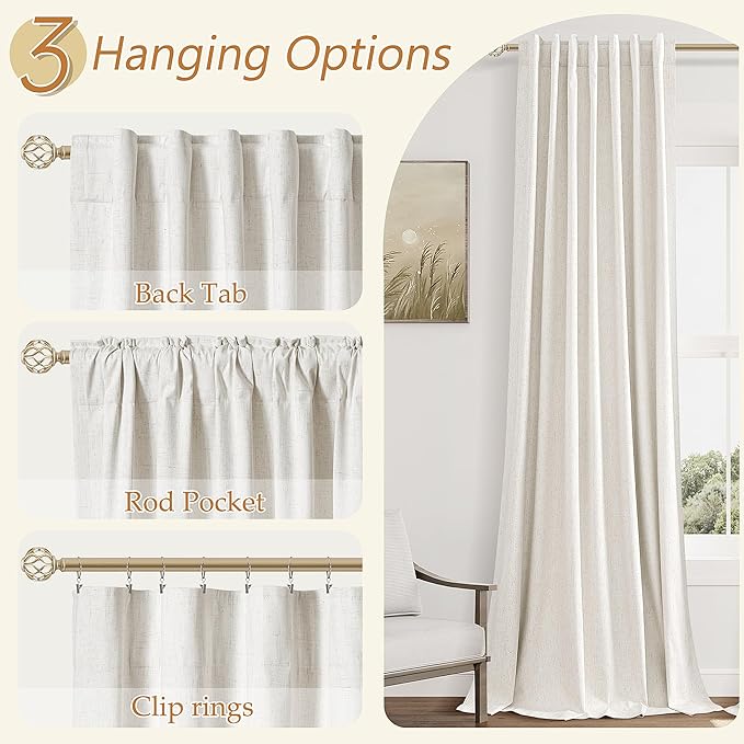Beige White 100% Blackout Linen Curtains 63 Inch Length 2 Panels Set for Living Room Bedroom Back Tab Thermal Insulated Black Out Drapes Room Darkening Farmhouse Style for Bedroom Window Curtains