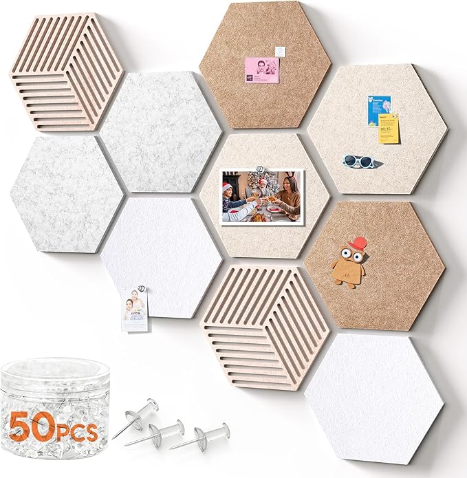 Hexagon Cork Boards for Walls Decor 10 Pack Cork Bulletin Board Tiles with 50 Pins,Pin Board for Office & Home for Notes Photos and DIY Classroom Decor (Minimalist Style)
