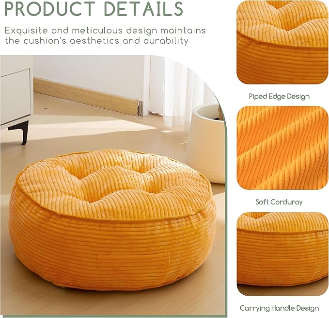 HIGOGOGO 8" Extra Thick Floor Pillow Cushion for Adults, Meditation Cushion Pillow, Large Round Floor Sitting, Tufted Corduroy Cover, for Tatami Living Room or Yoga, 22x22 Inch, 2Pack, Orange