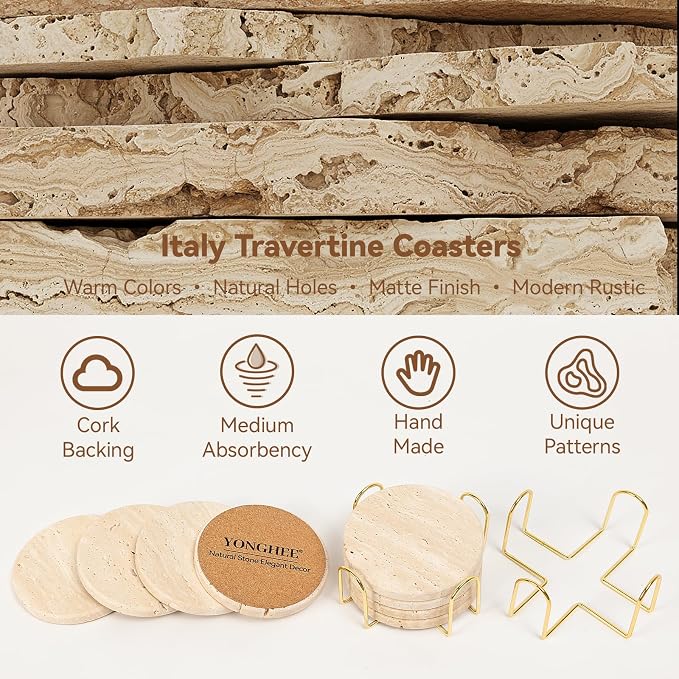 Set of 8 Travertine Coasters with Holder, 4" Round Stone Drink Coasters with Stand for Table Desk Bar - Cork Backed, Heat Resistant Rustic Farmhouse Boho Coaster, Elegant Coffee Table Decor