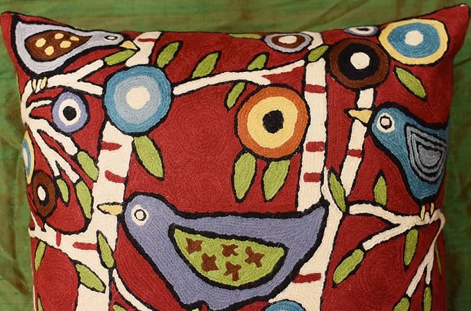 Red Plant Birds Throw Pillow Cover | Karla Gerard Designer Pillowcase Burgundy Chair Cushion Kids Room Botanical Red Farmhouse Chair Cushions Hand Embroidered Wool Size - 18x18