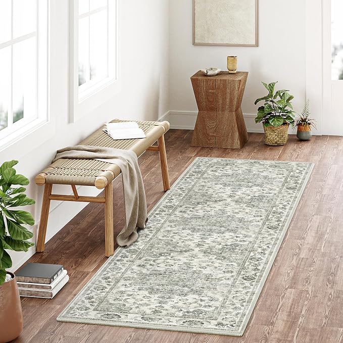 2x8 Washable Neutral Runner Rug Green Vintage Hallway Kitchen Carpet Non-Slip Soft Low Pile Farmhouse Throw Rug for Bedroom Bathroom Laundry Living Room