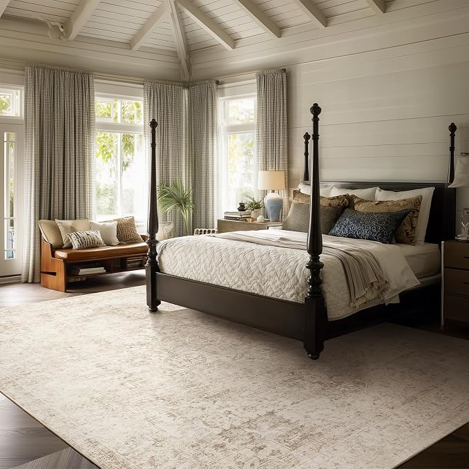 Machine Washable Rugs for Living Room: 9x12 Area Rugs for Bedroom Ultra Soft Non-Slip Low Pile Vintage Distress Boho Large Carpet for High-Traffic Dining Room - Farmhouse Decor