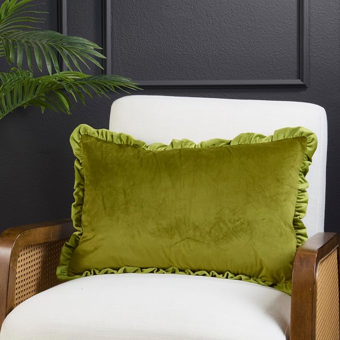 SARO LIFESTYLE Ruffle Edge Velvet Throw Pillow - Soft Velvet Throw Pillow with Down Filled Comfort for Cottage Home Decor, Cozy Living Spaces and Bedroom Accents, 16"x24", Kiwi