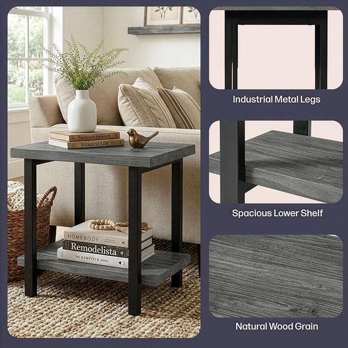 Alaterre Furniture Pomona Solid Wood 2-Tier End Table, Slate Grey, 27” | Side Table or Nightstand with Storage Shelf and Metal Legs, Industrial Farmhouse Chair Side Table for Living Room or Bedroom