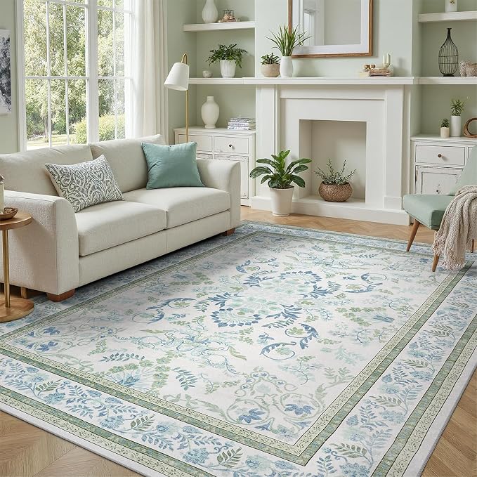 DCX Green 10x14 Rug, Kid & Pet Friendly with Rubber Back Non Slip, Machine Washable Stain Resistant Botanical Floral Rug for Living Room, Bedroom, Soft Low Pile Large Nursery Carpet