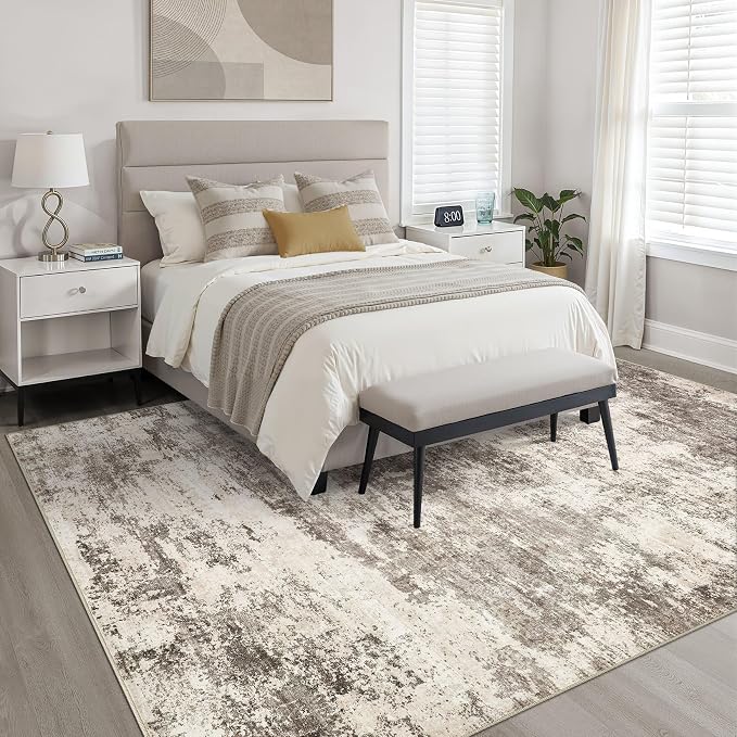 9x12 Area Rugs Living Room: Washable Large Neutral Rug Abstract Soft Modern Stain Resistant Indoor Floor Non-Slip Carpet for Bedroom Nursery Kids Office Playroom Dining Room Under Table- Mocha Brown